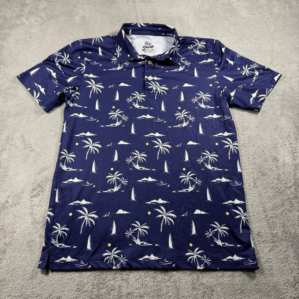 Kaipar Golf Polo Shirt Mens Medium Navy Blue Tropical Palm Tree Sailboat Hawaii
